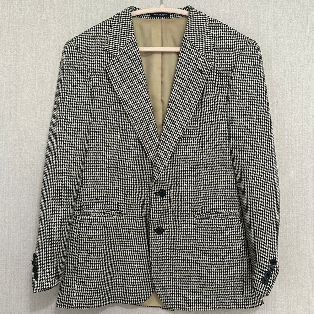 Vintage Mens 100% Silk Houndstooth Blazer Sport Coat Black White 40R